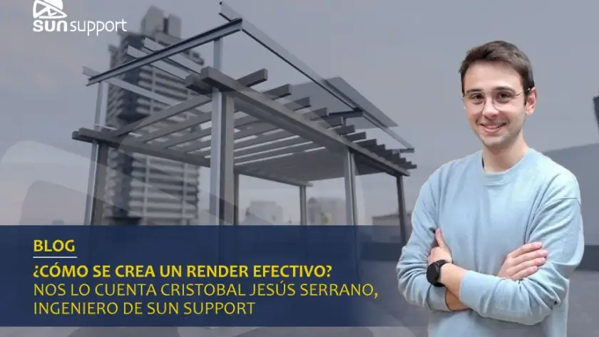 Cristóbal Jesús Serrano, ingeniero de Sun Support, junto a un render de estructura fotovoltaica
