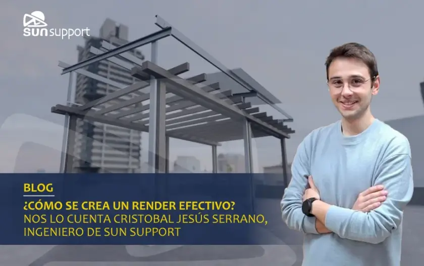 Cristóbal Jesús Serrano, ingeniero de Sun Support, junto a un render de estructura fotovoltaica