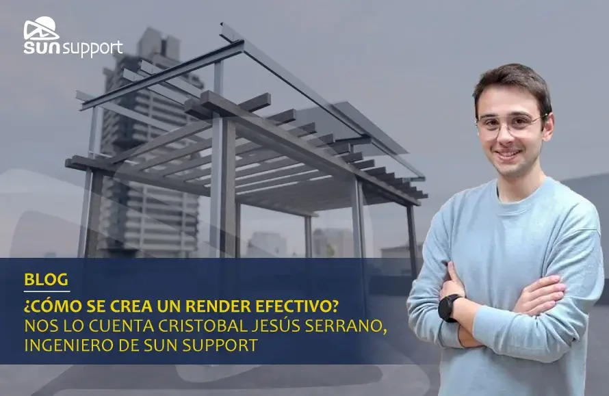 Cristóbal Jesús Serrano, ingeniero de Sun Support, junto a un render de estructura fotovoltaica