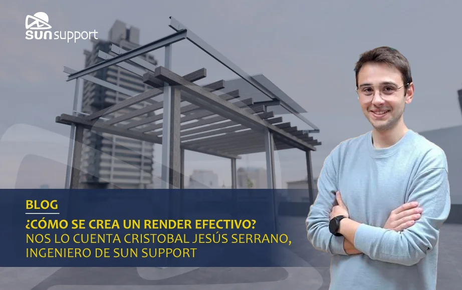 Cristóbal Jesús Serrano, ingeniero de Sun Support, junto a un render de estructura fotovoltaica